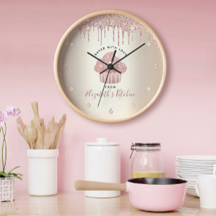Grande Horloge Ronde Parties scintillant rose gouttes Cupcake boulanger