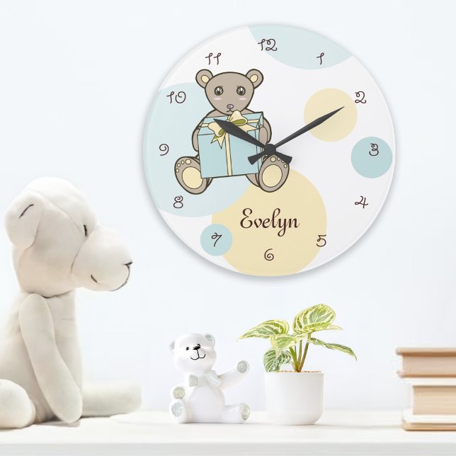 Grande Horloge Ronde Pastel Bleu et Jaune Ourson Mignon pour Enfants (Créateur téléchargé)