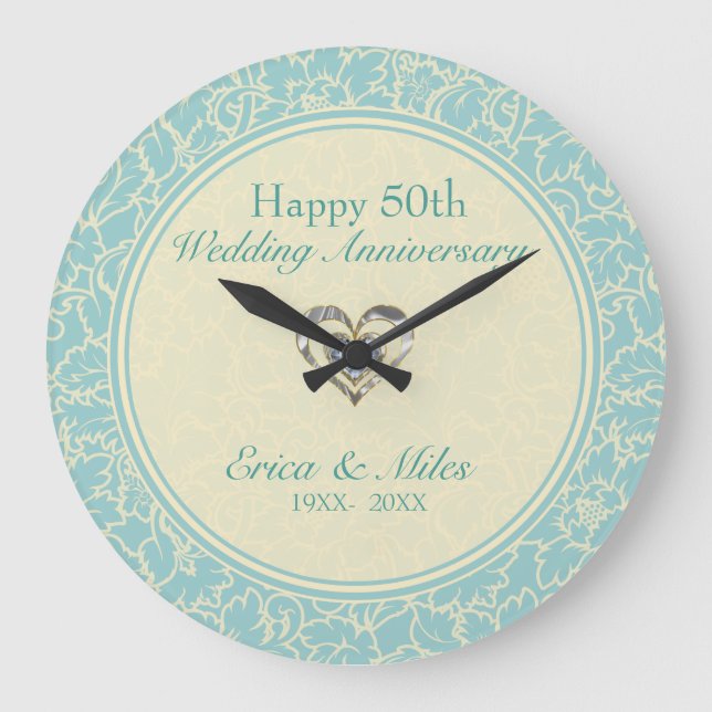 Grande Horloge Ronde Pastel Blue Et Creme Floral Damas (Recto)