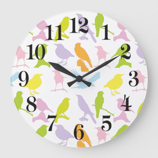Grande Horloge Ronde Pastel Coloured Variété d'oiseaux Motif (Recto)