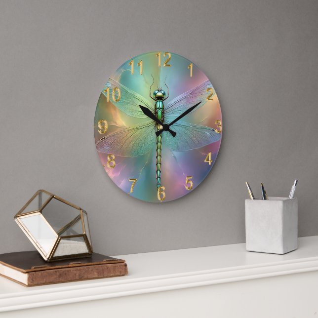 Grande Horloge Ronde Pastel Dragonfly Fractal Art, (Bureau)