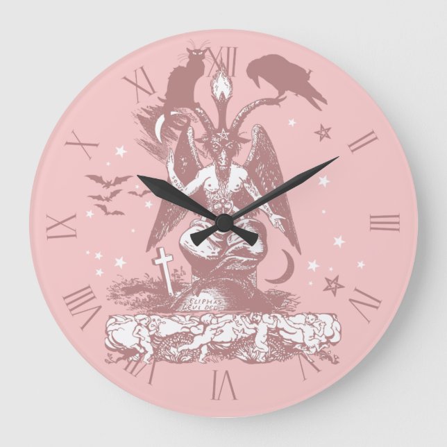 Grande Horloge Ronde Pastel Goth Bahomet avec son chat et son corbeau (Recto)
