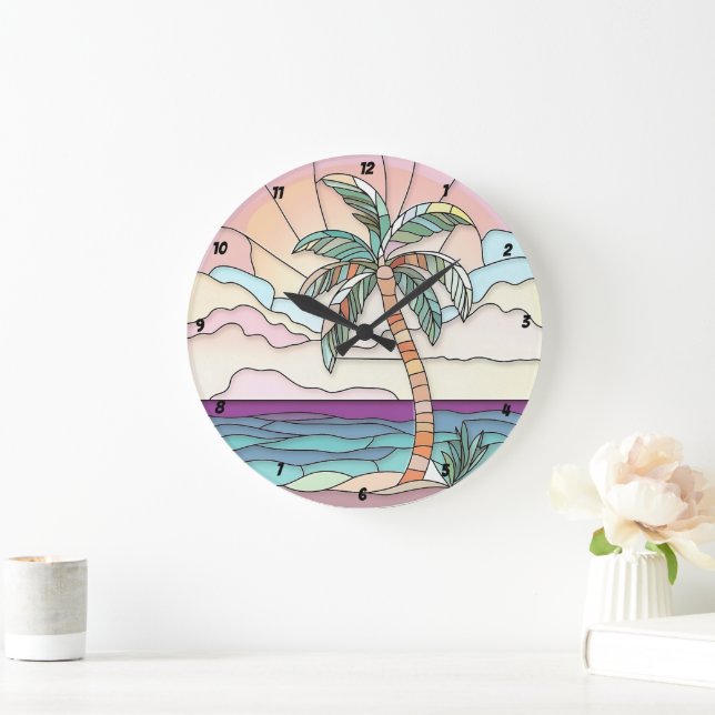 Grande Horloge Ronde Pastel Palm Vitrail (Maison)
