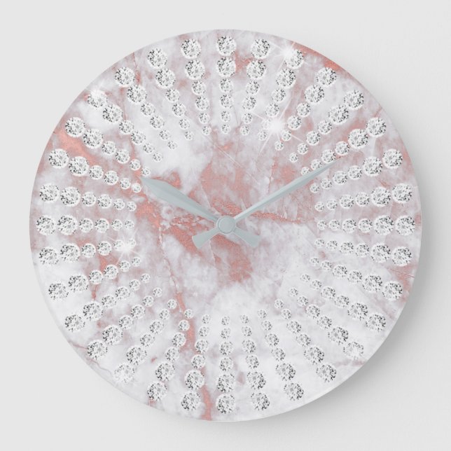 Grande Horloge Ronde Pastel Pink Gem Crystal Diamonds Marbre gris (Recto)