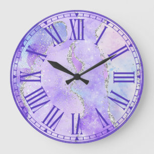 Grande Horloge Ronde Pastel Purple & Blanc Faux Parties scintillant Arg