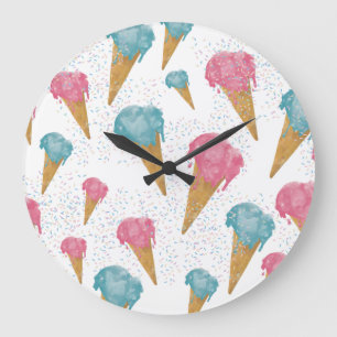 Grande Horloge Ronde Pastel Retro Aquarelle Crème glacée et arrosages