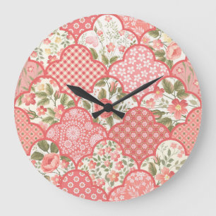 Grande Horloge Ronde Pastel Rose Motif à patchwork floral