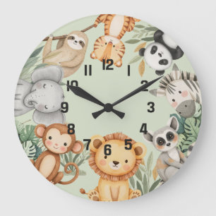 Grande Horloge Ronde Pastel Tropical Wild One Jungle Safari Animaux