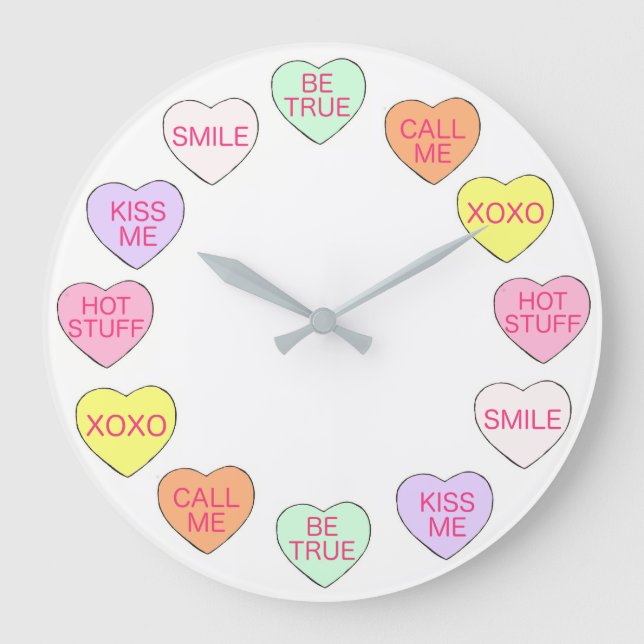 Grande Horloge Ronde Pastel Valentine's Day Candy Coeurs de conversatio (Recto)