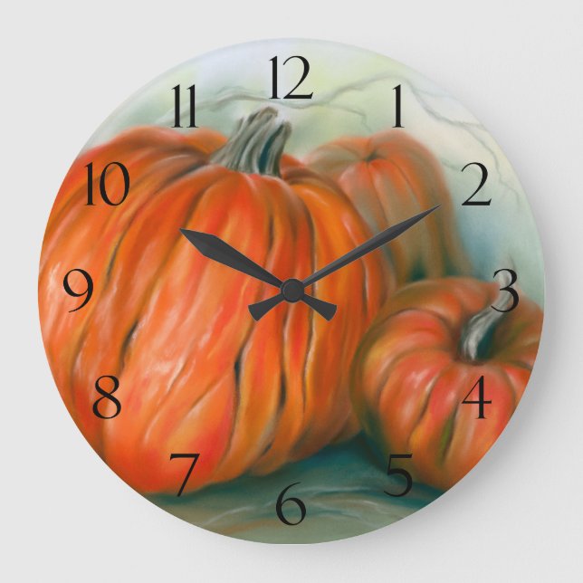 Grande Horloge Ronde Patch citrouille Automne Trio Pastel Art (Recto)