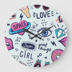 Grande Horloge Ronde Patch de mode : Stickers Pop Art.