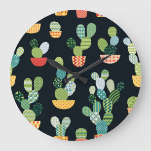 Grande Horloge Ronde Patchwork Cactus Plantes Motif sans couture