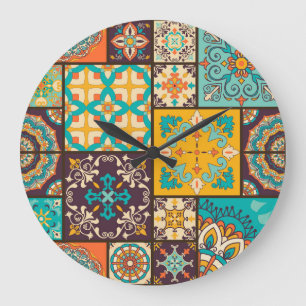 Grande Horloge Ronde Patchwork coloré Tile islamique sans couture
