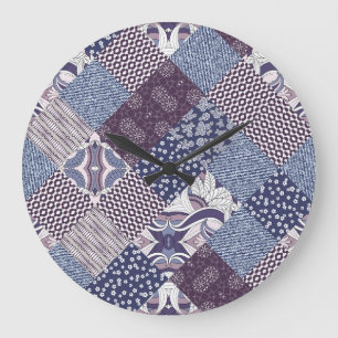 Grande Horloge Ronde Patchwork Doodle : Boho Vintage sans joint.