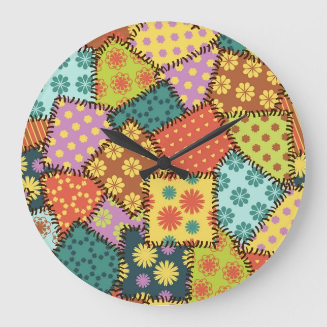Grande Horloge Ronde Patchwork Eclectique : Mélange Motif Diverse (Recto)