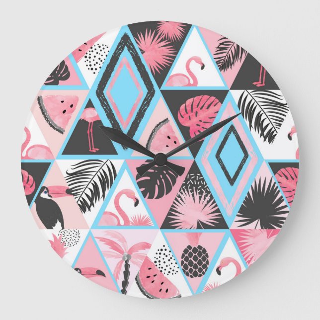 Grande Horloge Ronde Patchwork flamingo tropical, motif de palmier. (Recto)