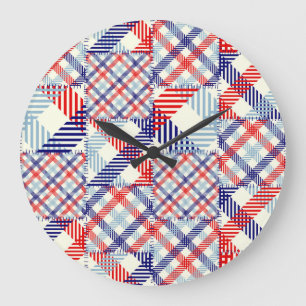 Grande Horloge Ronde Patchwork Plaid Classique : Motif Carré
