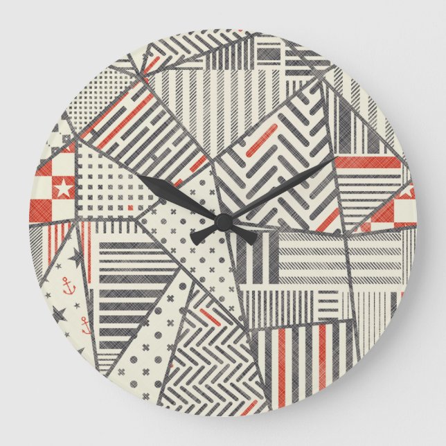 Grande Horloge Ronde Patchwork rétro : Conception géométrique Abstraite (Recto)
