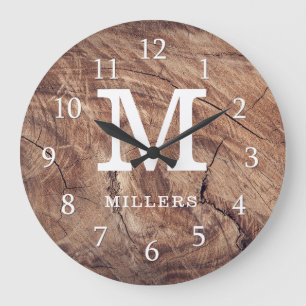 Grande Horloge Ronde Patiné Wood Farmhouse Famille Monogramme