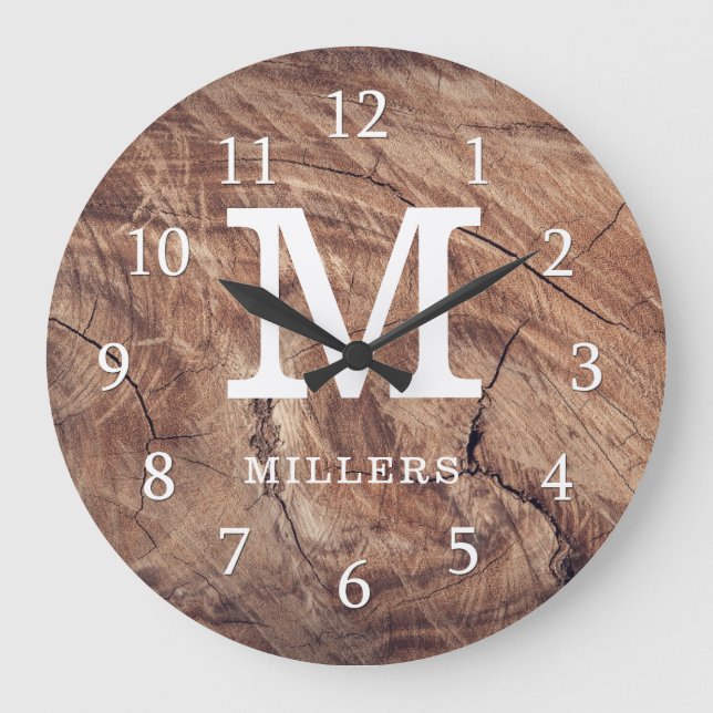 Grande Horloge Ronde Patiné Wood Farmhouse Famille Monogramme (Recto)