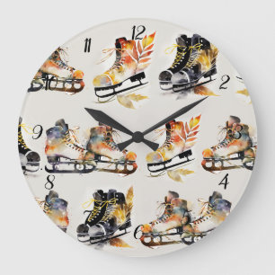 Grande Horloge Ronde Patins à glace aquarelle avec motif de feuilles d'