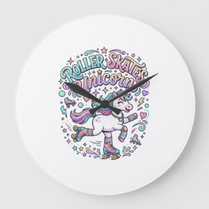 Grande Horloge Ronde Patins à roulettes Licorne Graphisme de style rétr