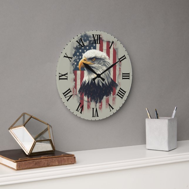 Grande Horloge Ronde Patriotic Eagle Wall Clock USA Decor (Bureau)