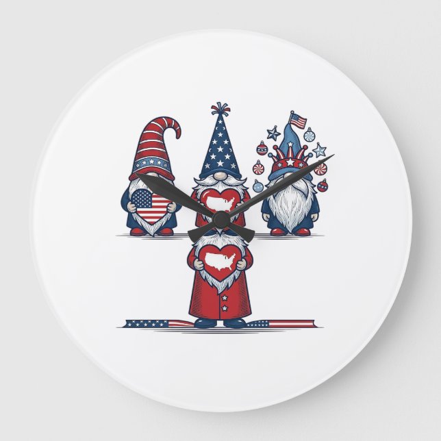 Grande Horloge Ronde Patriotic Gnome Trio Vintage Vector Design_1 (Recto)