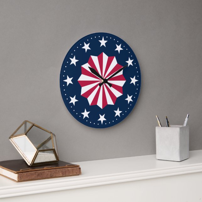 Grande Horloge Ronde Patriotic Red White Blue Stars Stripes Rosette (Bureau)