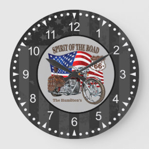 Grande Horloge Ronde Patriotique Moto Américain Drapeau Avec Nom