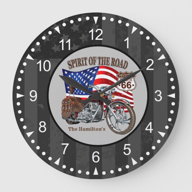 Grande Horloge Ronde Patriotique Moto Américain Drapeau Avec Nom (Recto)