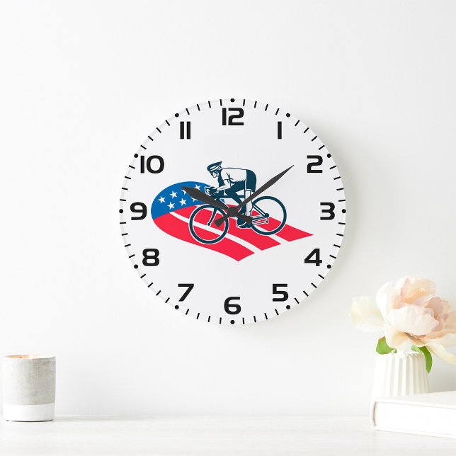 Grande Horloge Ronde Patriotique USA Cyclisme Américain Drapeau Vélo Ri (Créateur téléchargé)