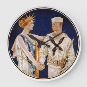 Grande Horloge Ronde Patriotisme Vintage, Lady Liberty avec un marin de
