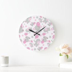 Grande Horloge Ronde Pattern of Elephants, Cute Elephants - Pink Gray
