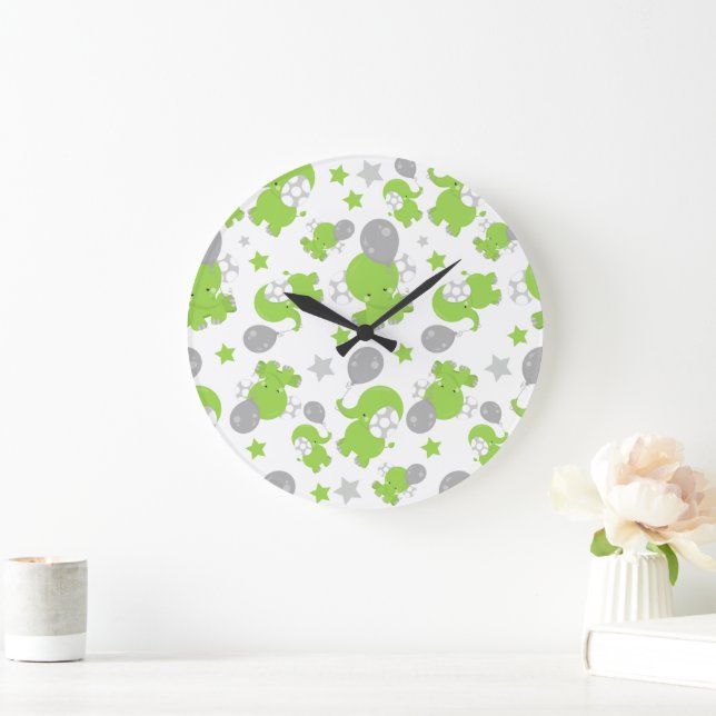 Grande Horloge Ronde Pattern of Green Elephants, Cute Elephants, stars (Maison)