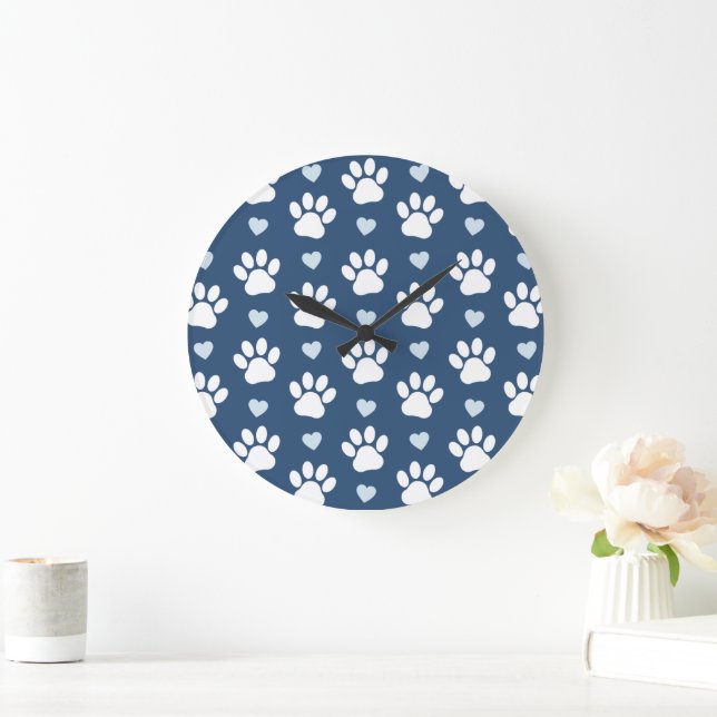 Grande Horloge Ronde Pattern of paws, Dog paws, White paws, Blue Hearts (Maison)