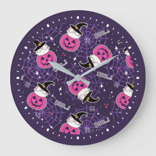 Grande Horloge Ronde Patters de Cute Cats et Pumkins