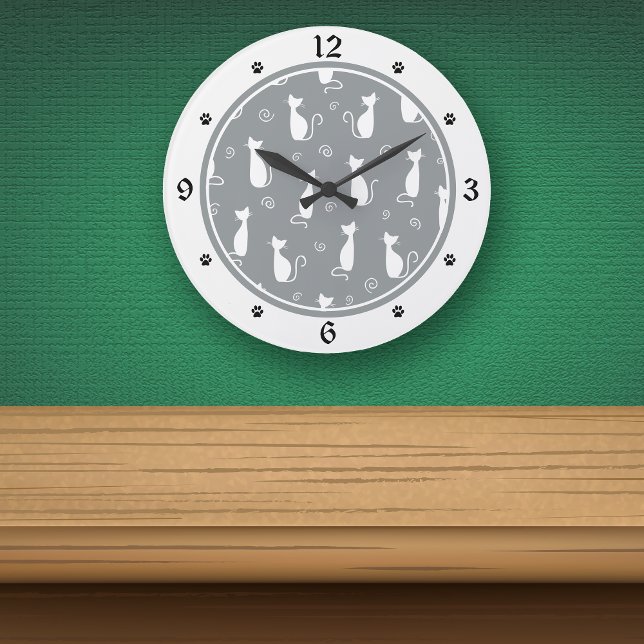 Grande Horloge Ronde Patters de Gray and White Cats (Créateur téléchargé)