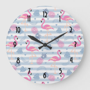 Grande Horloge Ronde Patters de Whimsical Flamingo et Pineapple