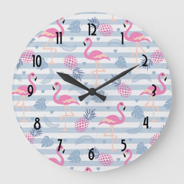 Grande Horloge Ronde Patters de Whimsical Flamingo et Pineapple (Recto)