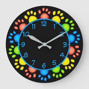 Grande Horloge Ronde Pattes de mignon animal Couleurs arc-en-ciel Amour