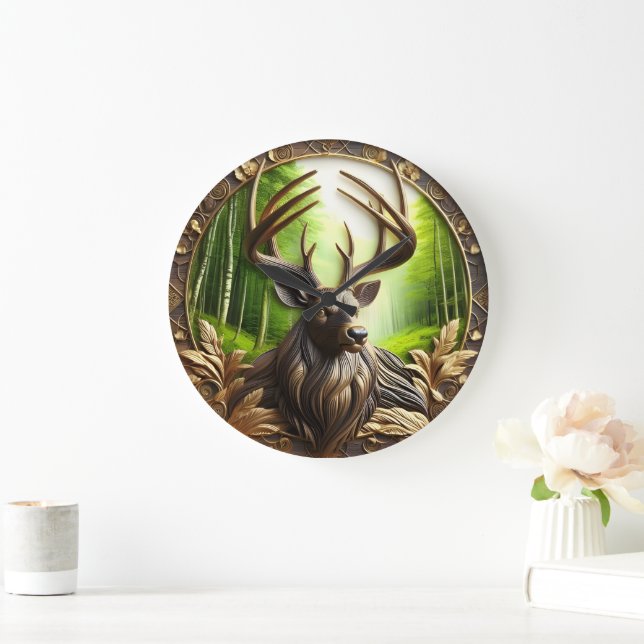 Grande Horloge Ronde Pâturage De Cerfs Dans La Forêt (Maison)