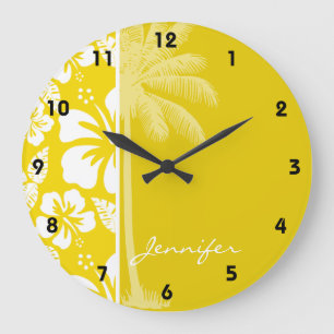 Grande Horloge Ronde Paume tropicale hawaïenne jaune d'or