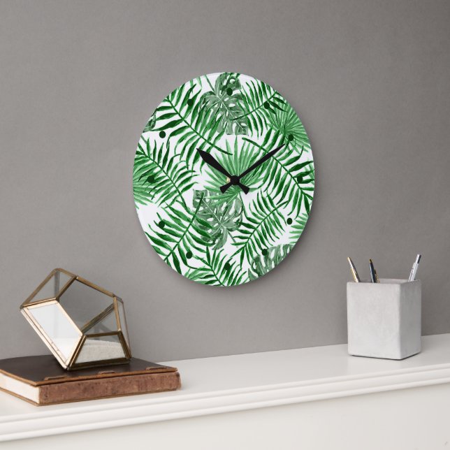 Grande Horloge Ronde Paume vert tropical Feuille Aquarelle d'été Art (Bureau)