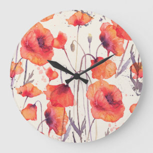 Grande Horloge Ronde Pavot rouge sauvage, motif d'aquarelle