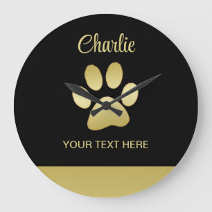 Grande Horloge Ronde Paw chien brillant or sur arrière - plan noir
