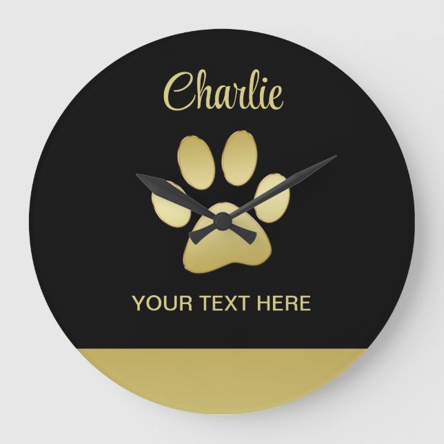 Grande Horloge Ronde Paw chien brillant or sur arrière - plan noir (Recto)