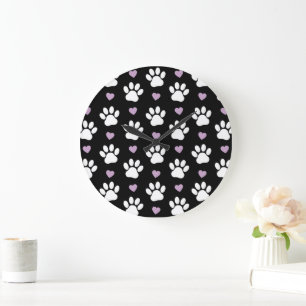 Grande Horloge Ronde Paw Motif, Chien Paws, White Paws, Lilac Hearts