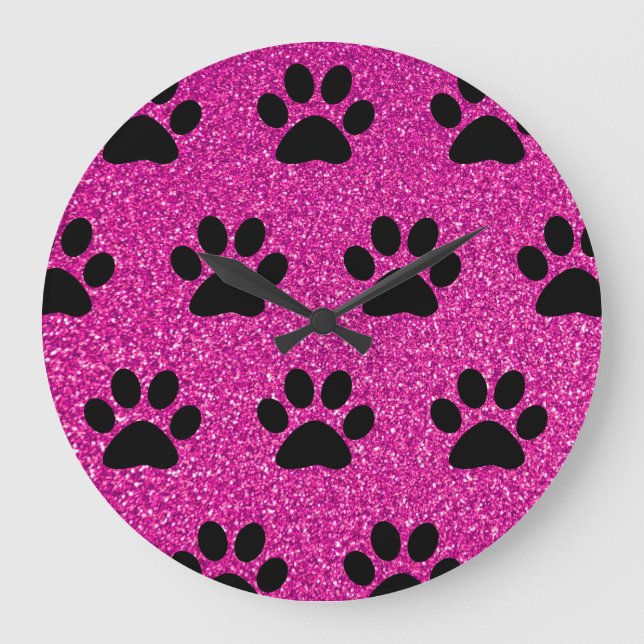 Grande Horloge Ronde Paw Print Patterns Black Pink Glitter Cute Girly (Recto)