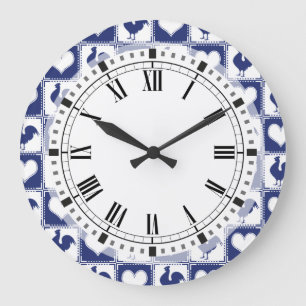 Grande Horloge Ronde Pays de Rooster and Hearts Blue and White Farm